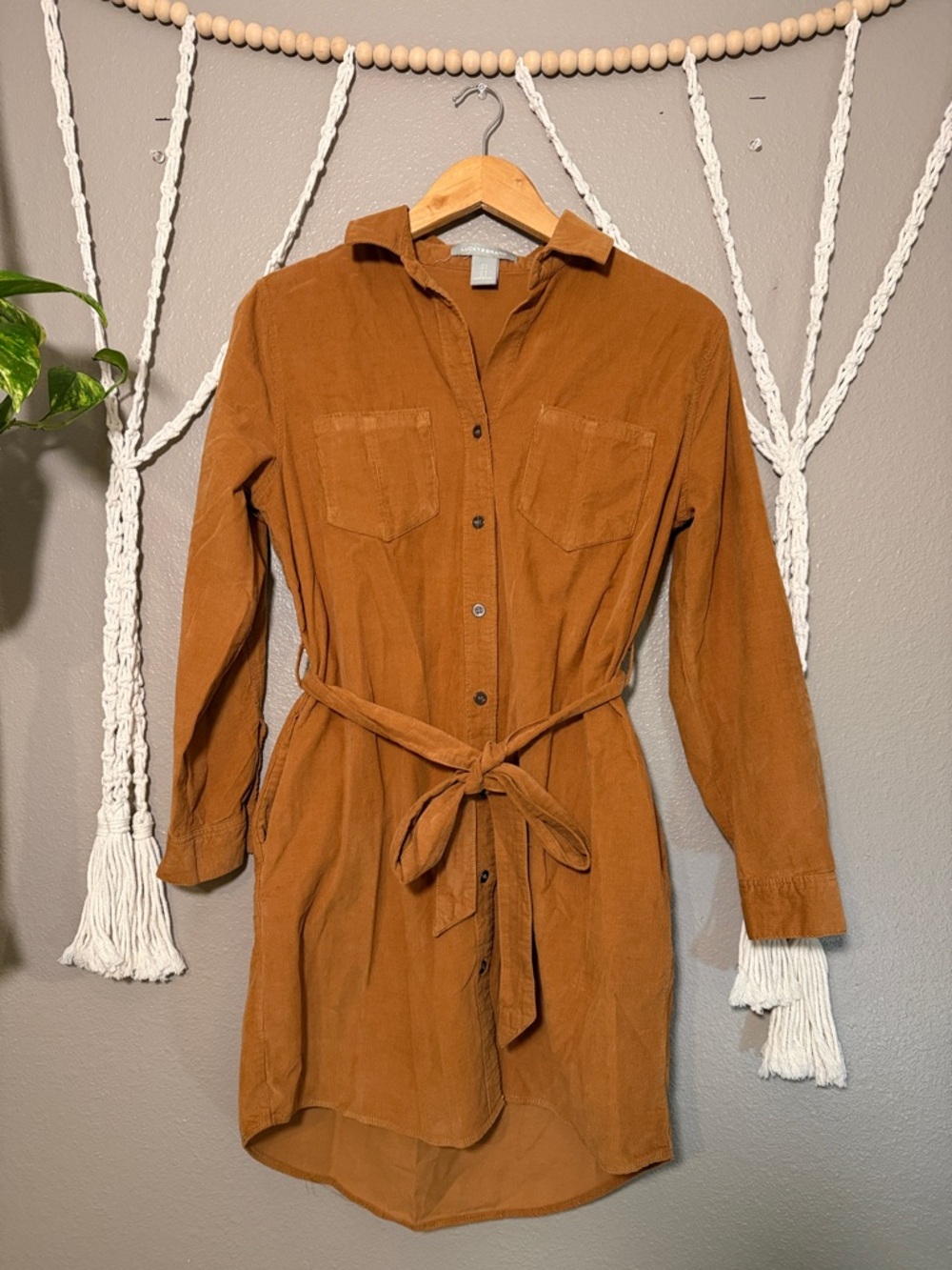 LUCKY BRAND Rust Button-Front Midi Shirt Dress with Tie Waist